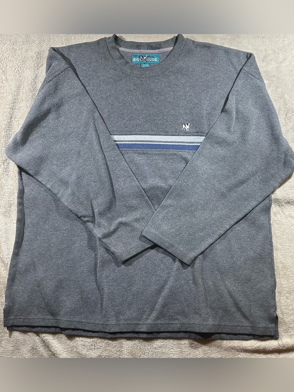 Big Dogs Gray Crewneck with Blue and White Stripe